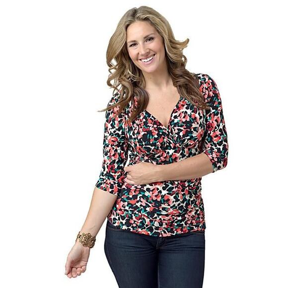 Kiyonna Top 2X Red Pink Geometric Peri Print Style Ruched Lined Sweetheart Neck - Picture 8 of 9